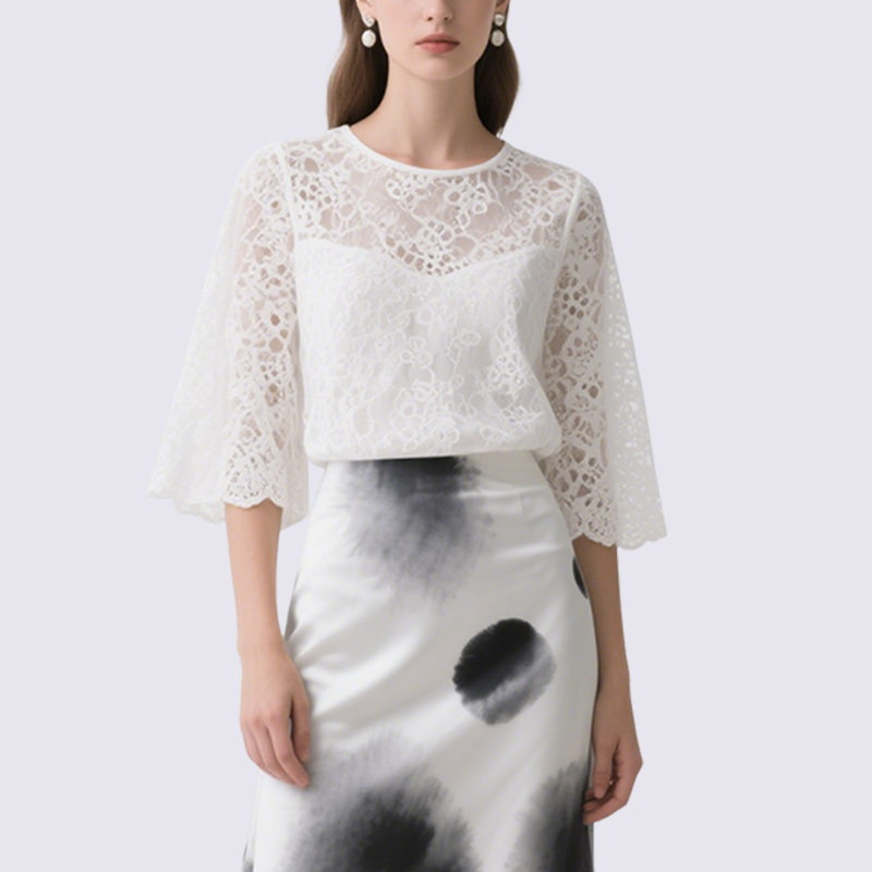 Stylish White Long Sleeve Lace Top and Artistic Midi Skirt Set