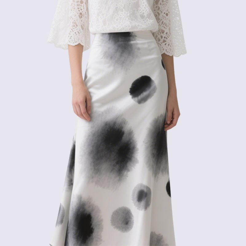 Stylish White Long Sleeve Lace Top and Artistic Midi Skirt Set