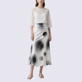 Stylish White Long Sleeve Lace Top and Artistic Midi Skirt Set
