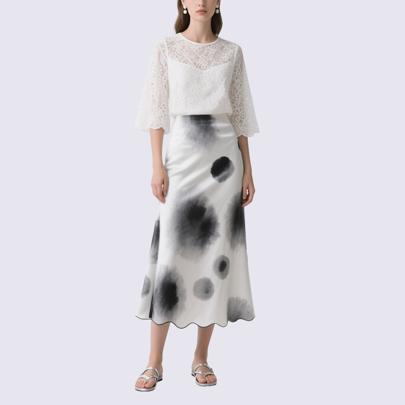 Stylish White Long Sleeve Lace Top and Artistic Midi Skirt Set