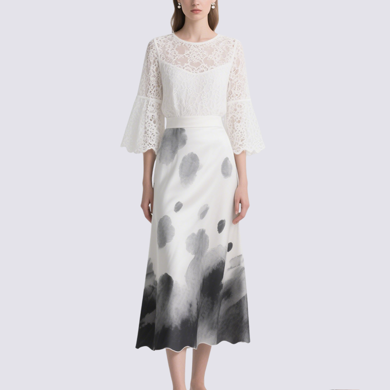 Chic White Lace Blouse with Ink Blot Midi Skirt Set