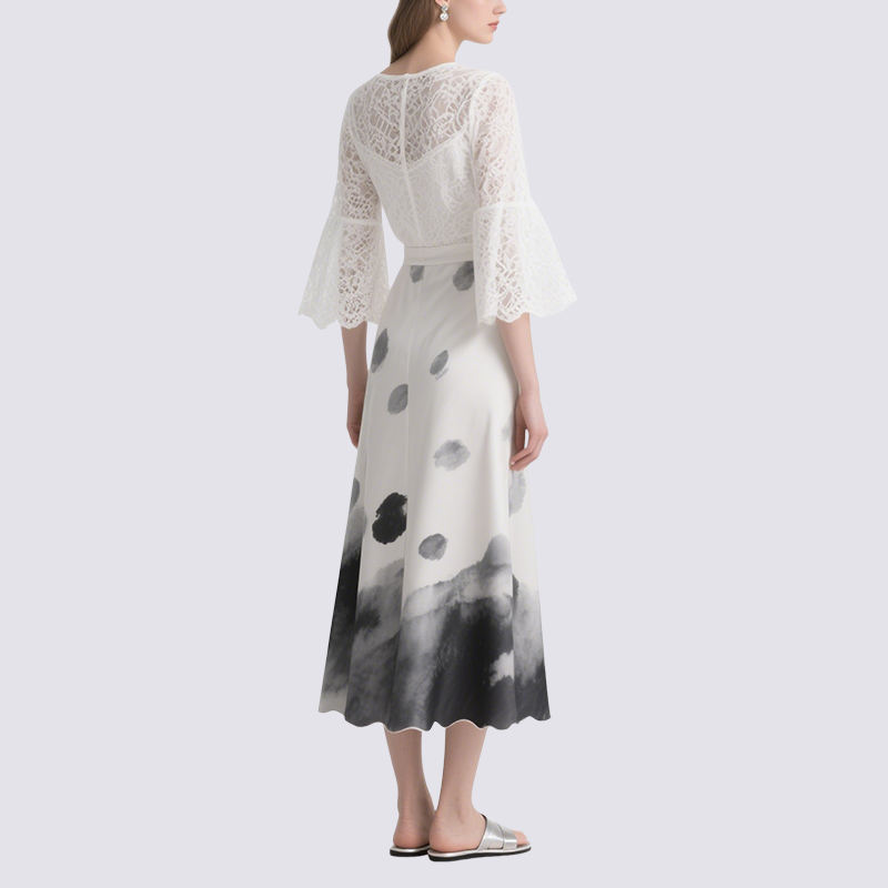 Chic White Lace Blouse with Ink Blot Midi Skirt Set
