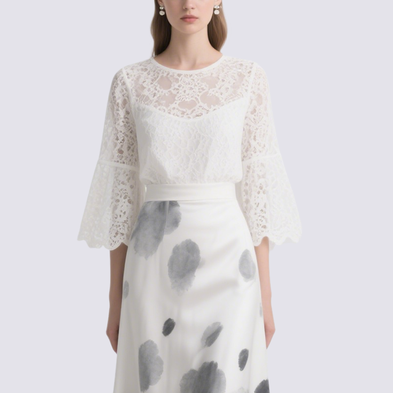 Chic White Lace Blouse with Ink Blot Midi Skirt Set