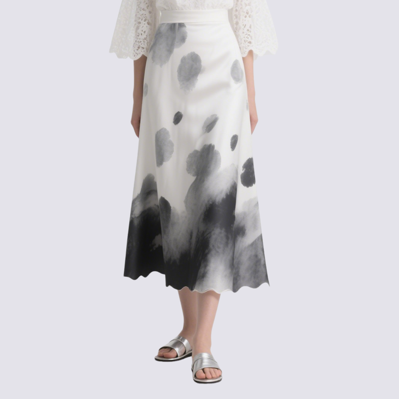 Chic White Lace Blouse with Ink Blot Midi Skirt Set