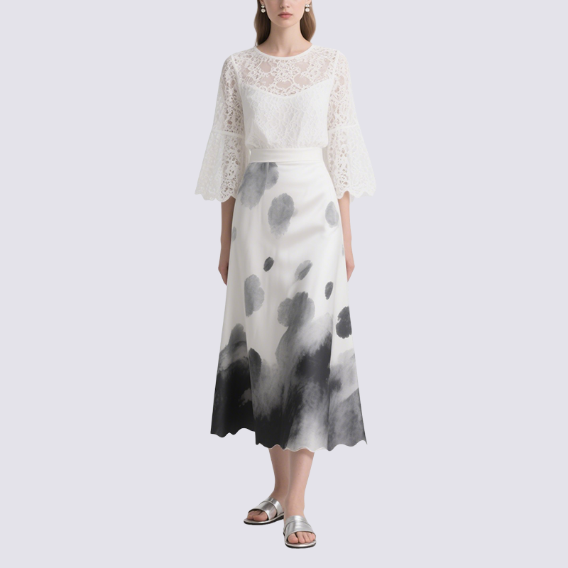 Chic White Lace Blouse with Ink Blot Midi Skirt Set