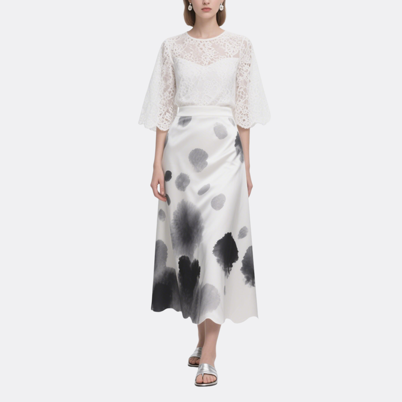 White Long Sleeve Lace Top & Artistic Maxi Skirt Set Elegant