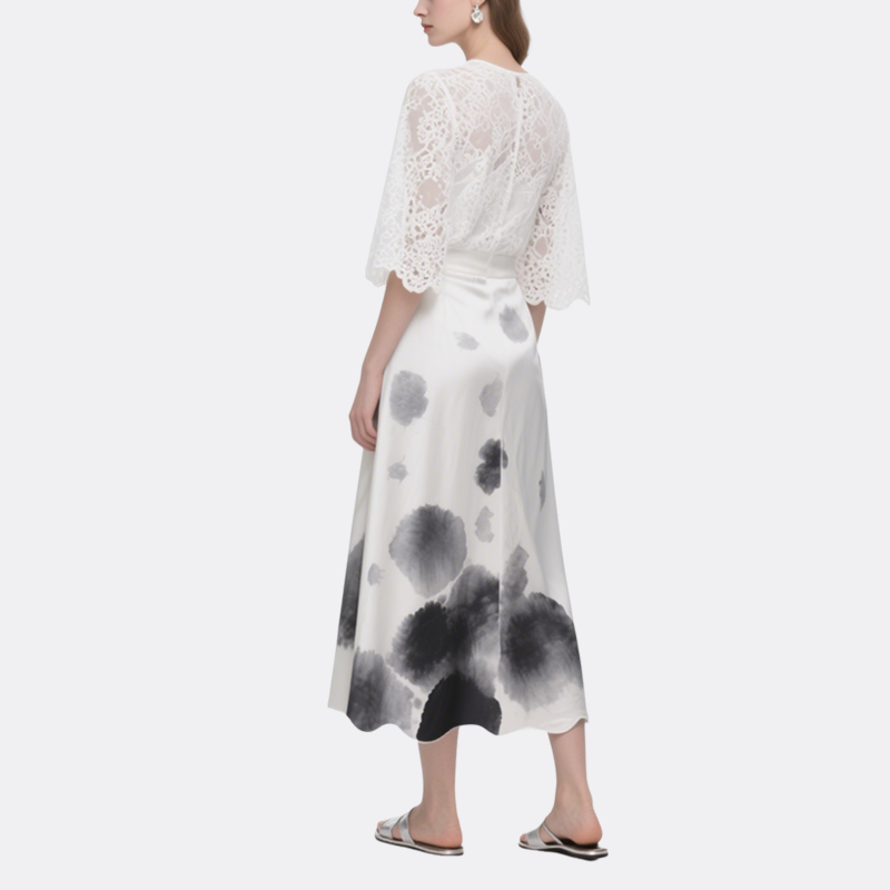 White Long Sleeve Lace Top & Artistic Maxi Skirt Set Elegant