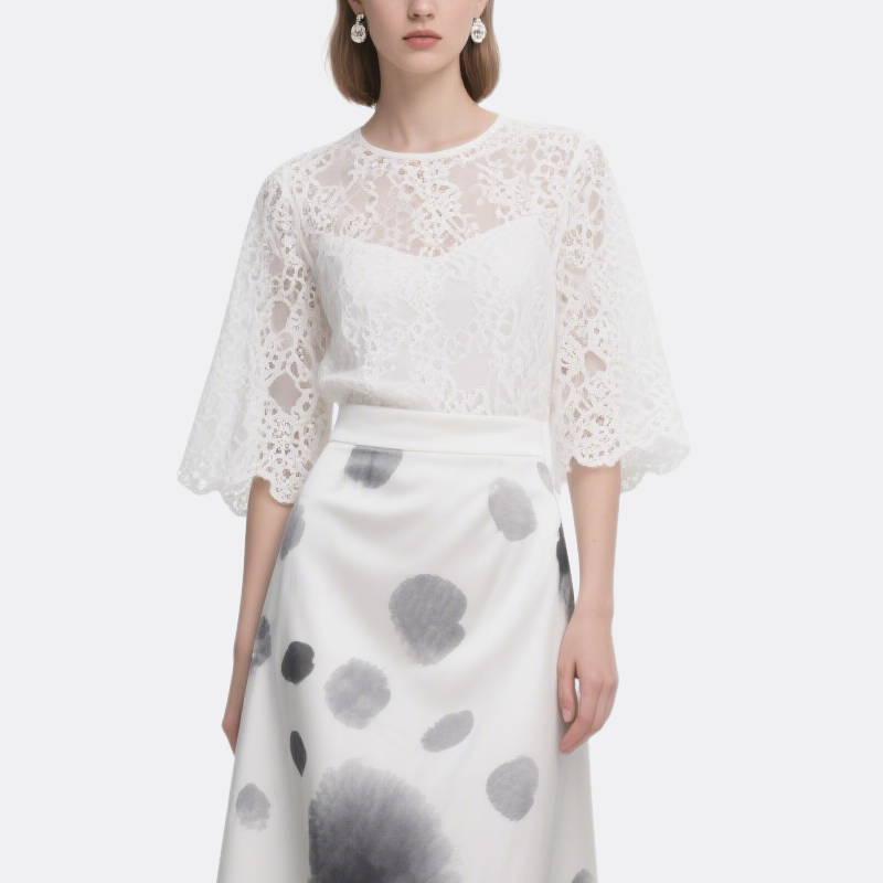 White Long Sleeve Lace Top & Artistic Maxi Skirt Set Elegant