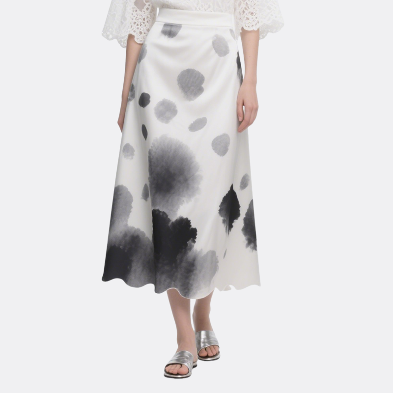 White Long Sleeve Lace Top & Artistic Maxi Skirt Set Elegant