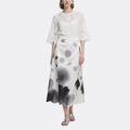 White Long Sleeve Lace Top & Artistic Maxi Skirt Set Elegant
