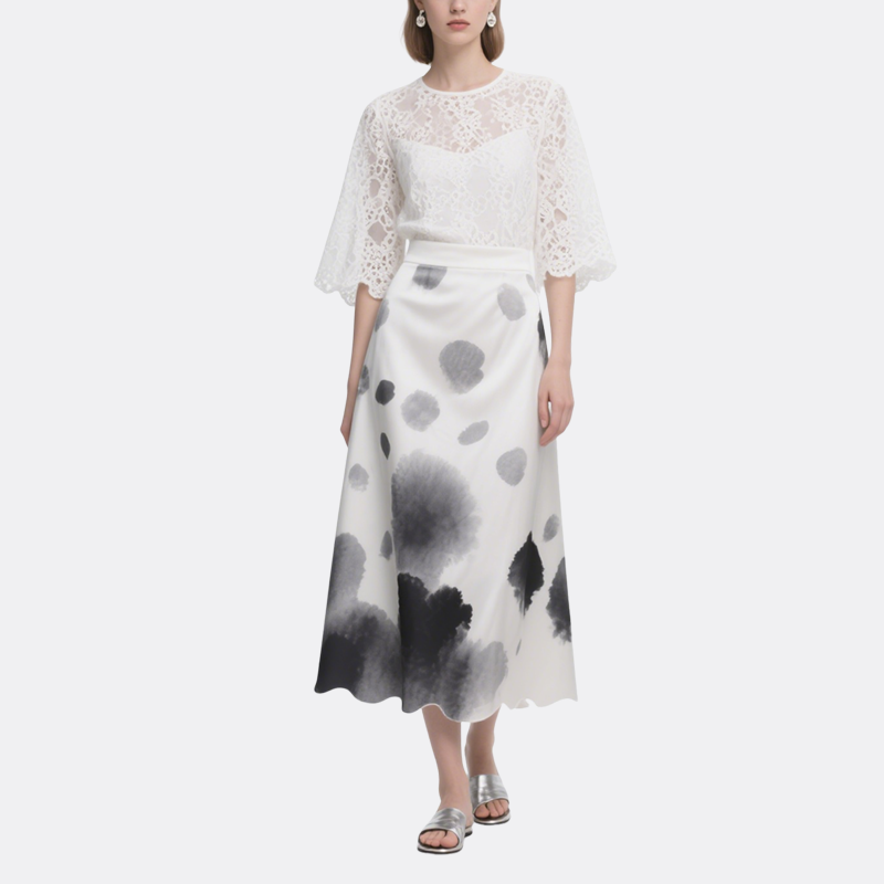 White Long Sleeve Lace Top & Artistic Maxi Skirt Set Elegant