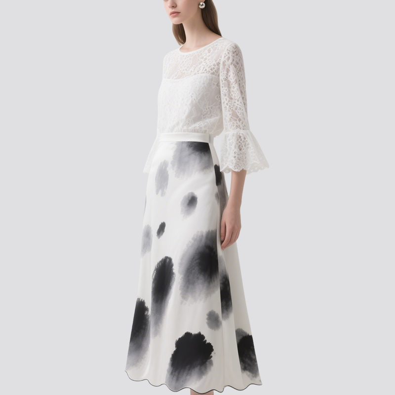 Elegant Women's Lace Top & Ink-Wash Skirt Set