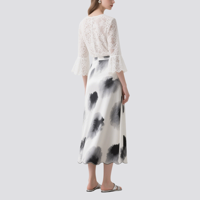 Elegant Women's Lace Top & Ink-Wash Skirt Set