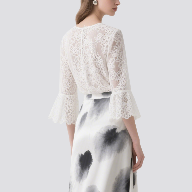 Elegant Women's Lace Top & Ink-Wash Skirt Set