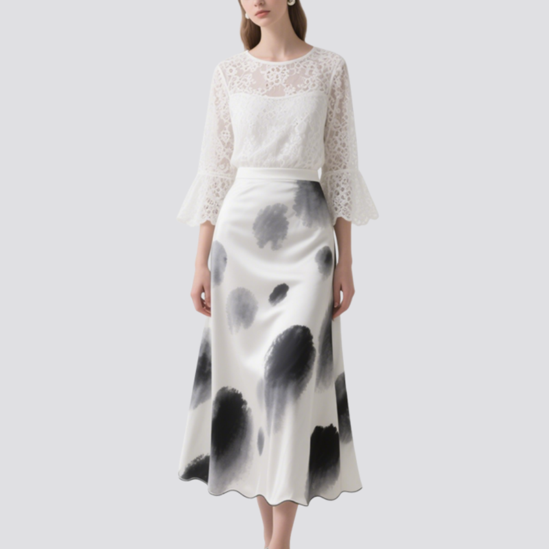 Elegant Women's Lace Top & Ink-Wash Skirt Set