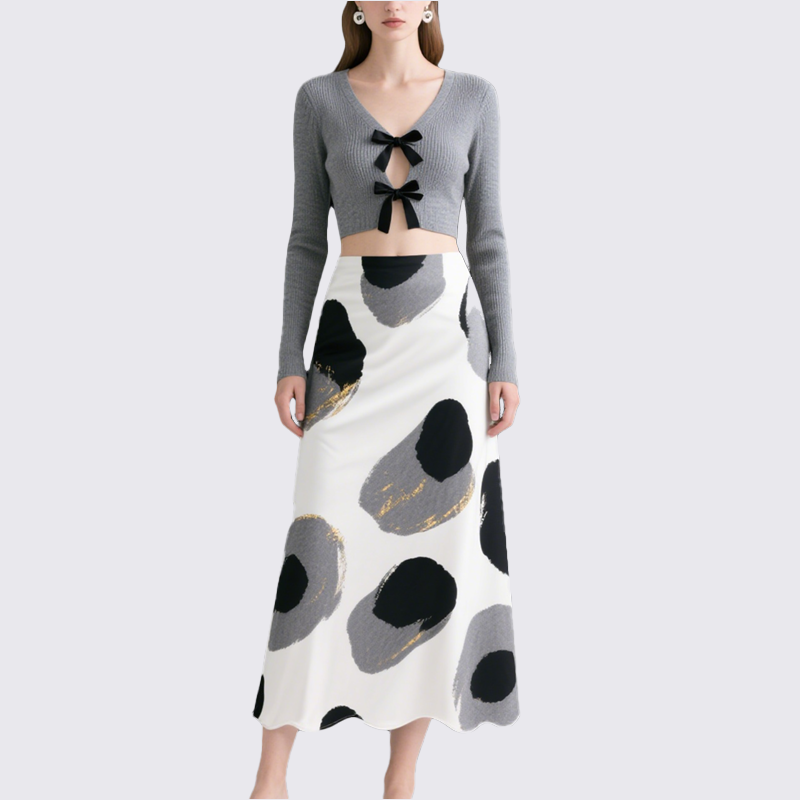 Women's Two-Piece Set V-Neck Knit Cardigan with Abstract Ink Art Long Skirt