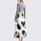 Women's Two-Piece Set V-Neck Knit Cardigan with Abstract Ink Art Long Skirt