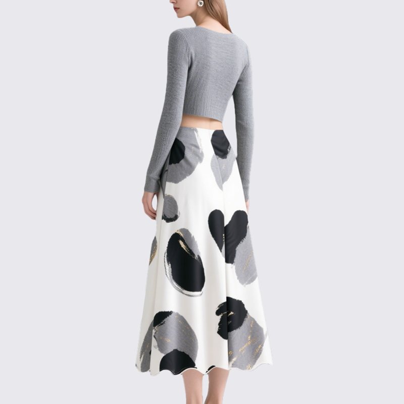 Women's Two-Piece Set V-Neck Knit Cardigan with Abstract Ink Art Long Skirt