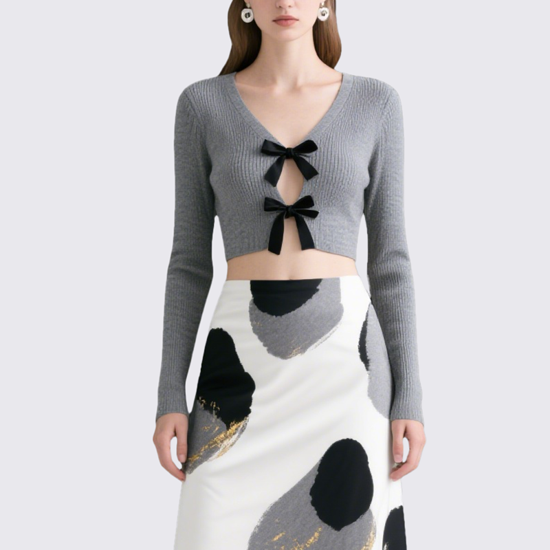 Women's Two-Piece Set V-Neck Knit Cardigan with Abstract Ink Art Long Skirt