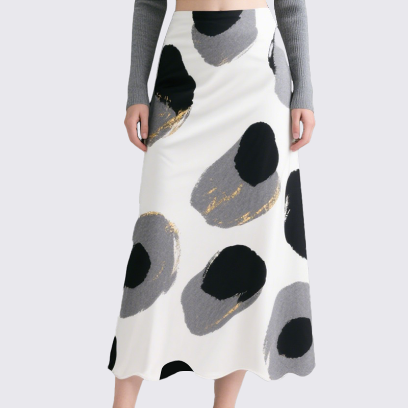 Women's Two-Piece Set V-Neck Knit Cardigan with Abstract Ink Art Long Skirt