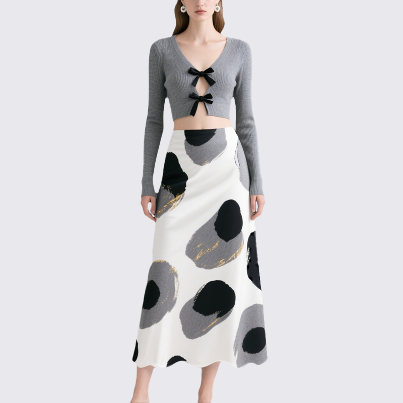 Women's Two-Piece Set V-Neck Knit Cardigan with Abstract Ink Art Long Skirt
