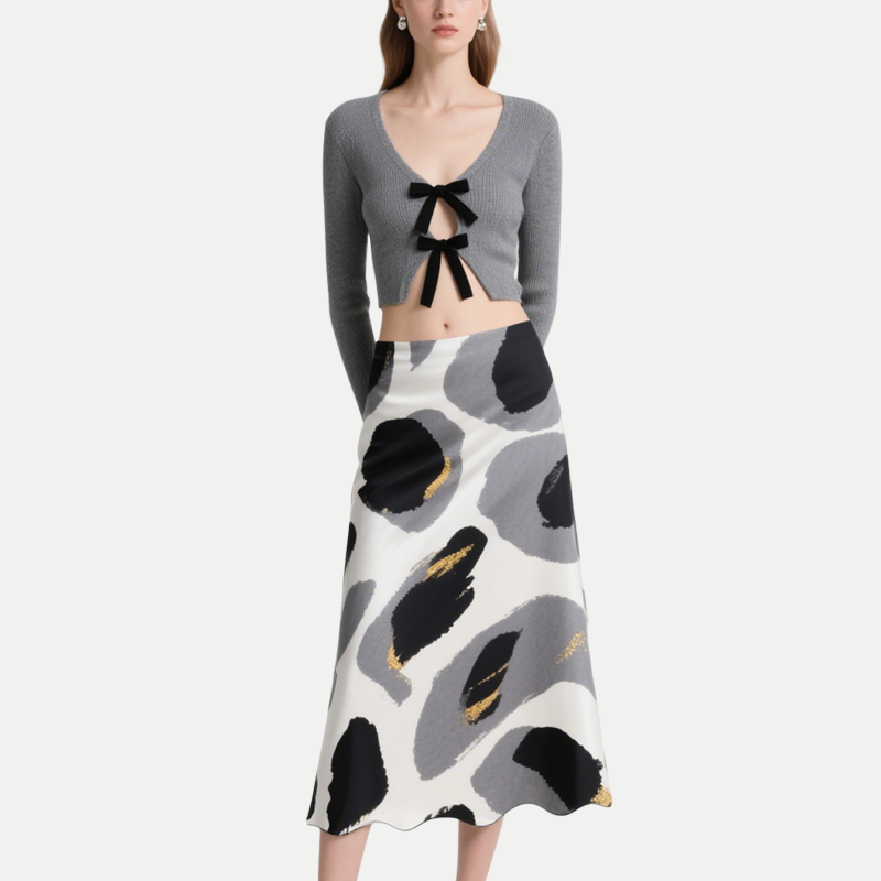 Women's Elegant Grey Knit Bow Crop Top & Abstract A-Line Skirt Set