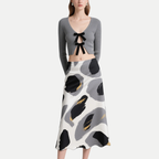 Women's Elegant Grey Knit Bow Crop Top & Abstract A-Line Skirt Set