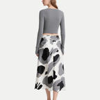 Women's Elegant Grey Knit Bow Crop Top & Abstract A-Line Skirt Set