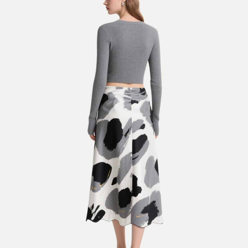Women's Elegant Grey Knit Bow Crop Top & Abstract A-Line Skirt Set