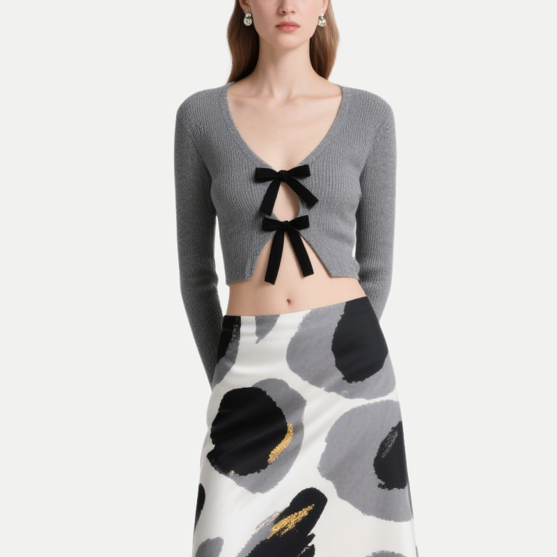 Women's Elegant Grey Knit Bow Crop Top & Abstract A-Line Skirt Set