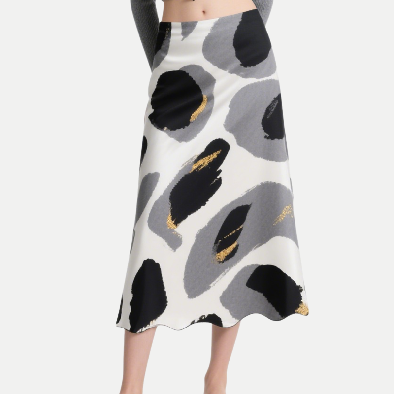 Women's Elegant Grey Knit Bow Crop Top & Abstract A-Line Skirt Set
