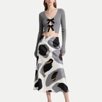 Women's Elegant Grey Knit Bow Crop Top & Abstract A-Line Skirt Set