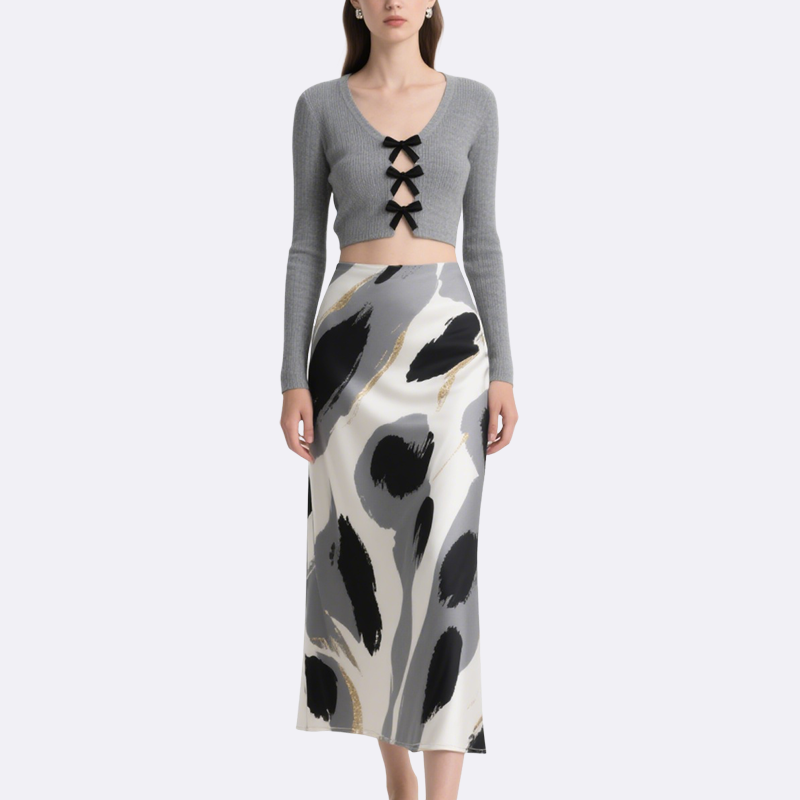 Elegant Bow Crop Top & Abstract Art Skirt Set