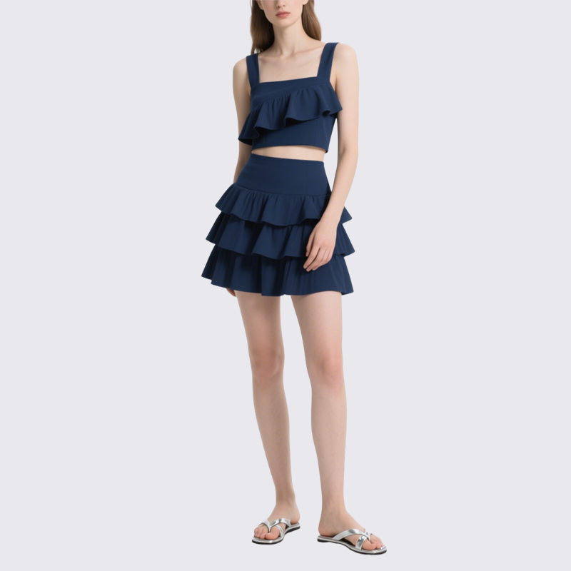 Chic Square Neck Ruffled Crop Top & Tiered Mini Skirt Set