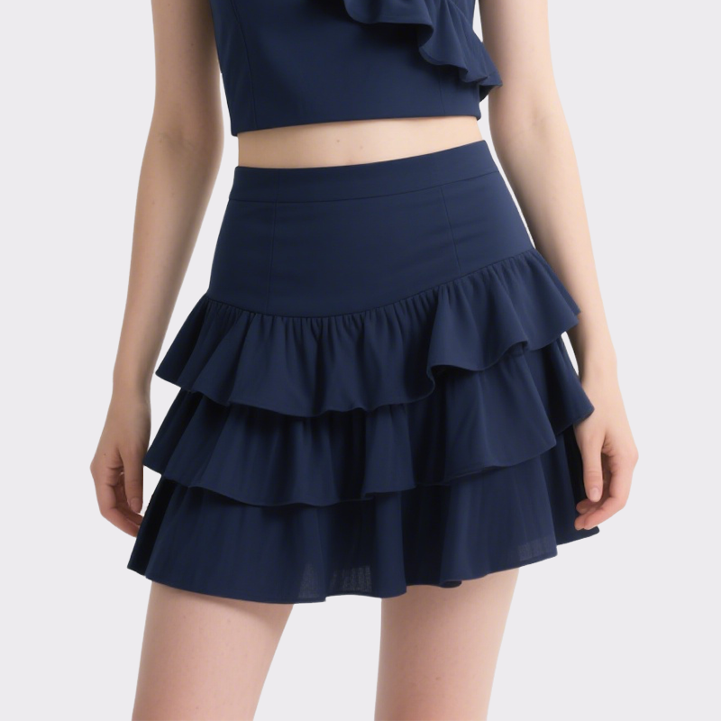 Trendy Ruffled Crop Top & Tiered Mini Skirt Set Square Neck