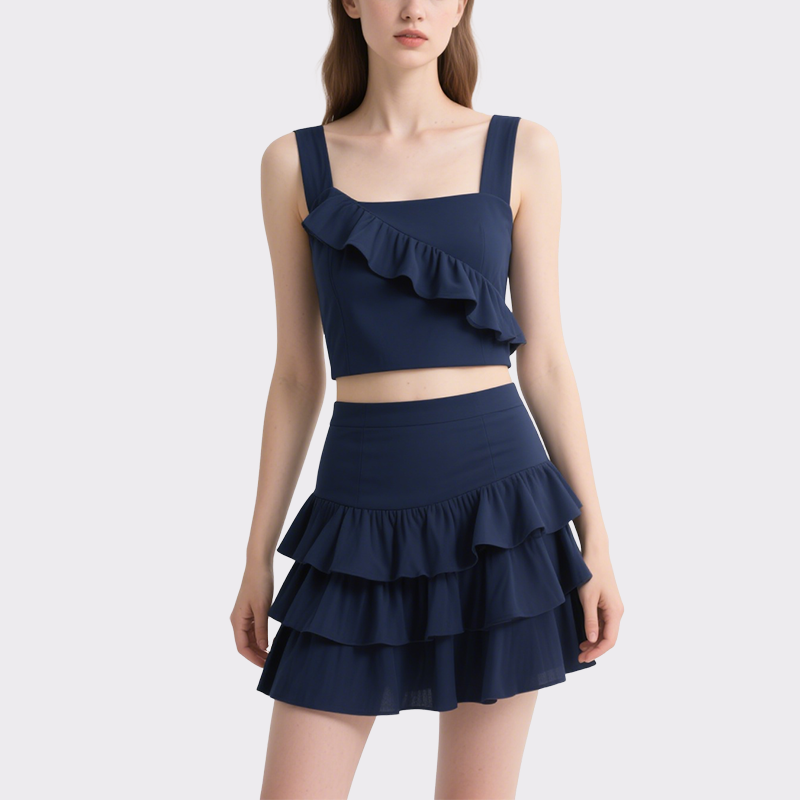 Trendy Ruffled Crop Top & Tiered Mini Skirt Set Square Neck