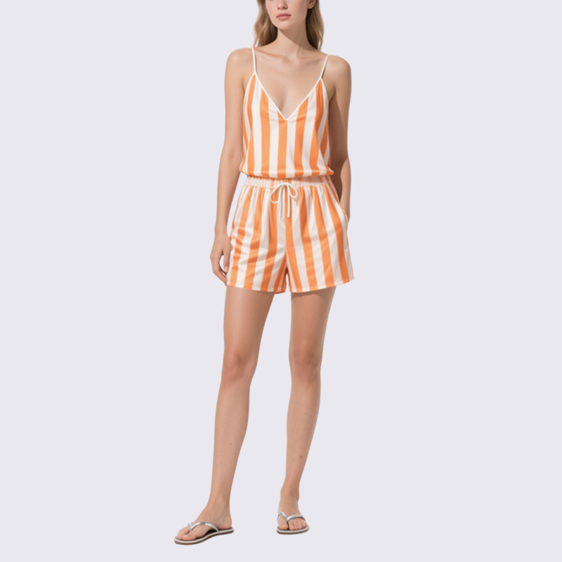 Striped Spaghetti Strap Crop Top & Shorts Set Casual Chic