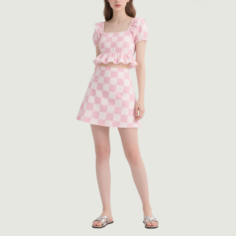 Checkered Square Neck Ruffled Crop Top & Mini Skirt Set Cute Stylish