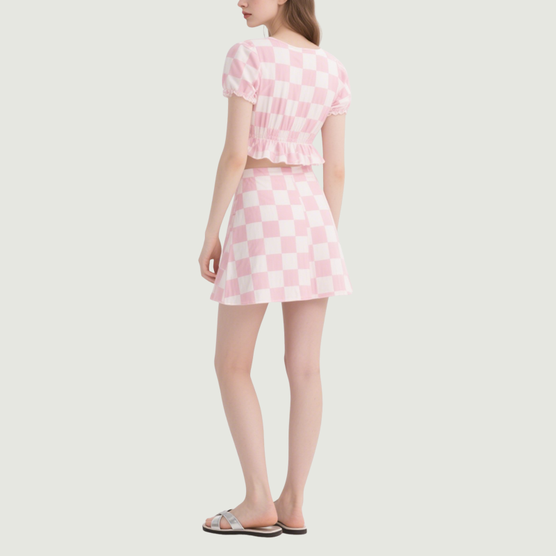 Checkered Square Neck Ruffled Crop Top & Mini Skirt Set Cute Stylish