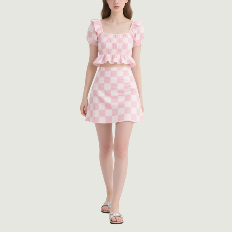 Checkered Square Neck Ruffled Crop Top & Mini Skirt Set Cute Stylish