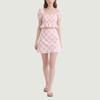 Checkered Square Neck Ruffled Crop Top & Mini Skirt Set Cute Stylish