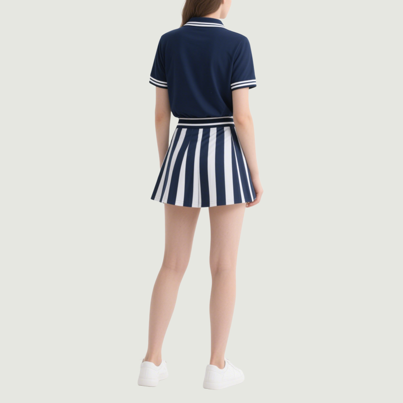 Striped Polo Top & Pleated Mini Skirt Set Chic Sporty Stylish