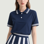 Striped Polo Top & Pleated Mini Skirt Set Chic Sporty Stylish