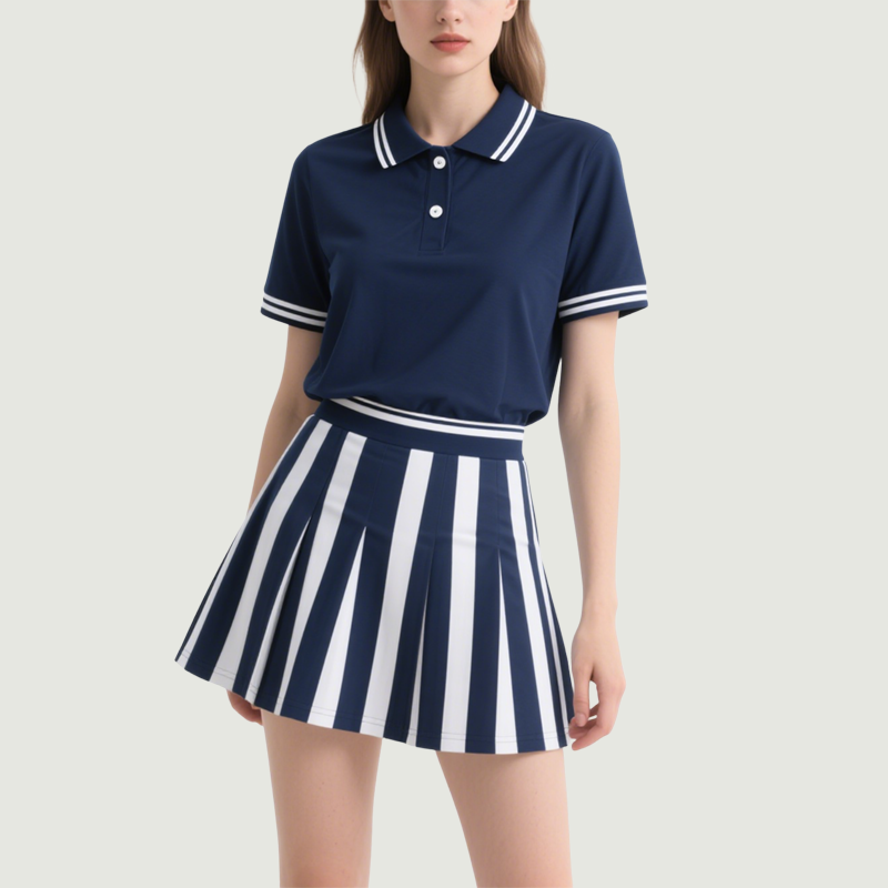Striped Polo Top & Pleated Mini Skirt Set Chic Sporty Stylish