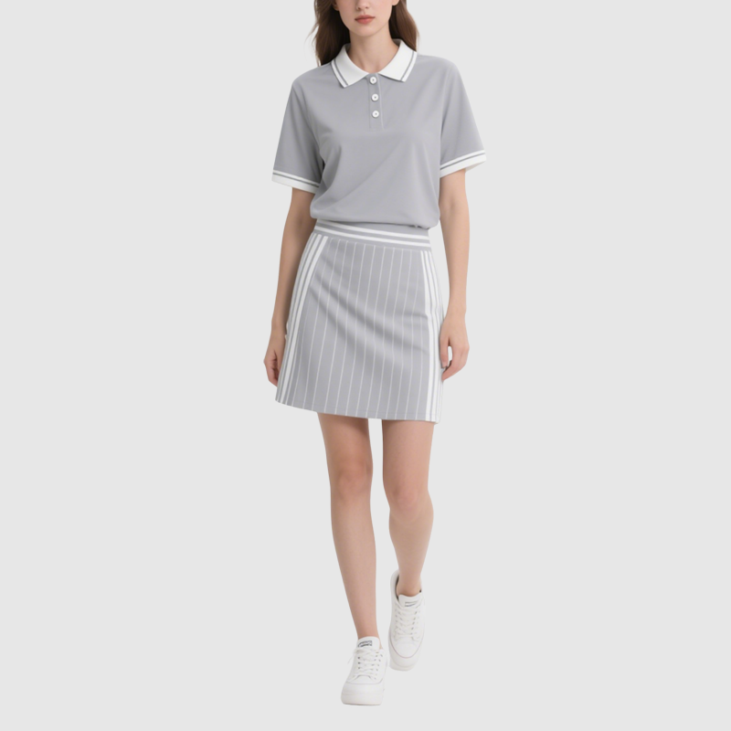 Polo Top & Mini Skirt Set Chic Sporty Striped
