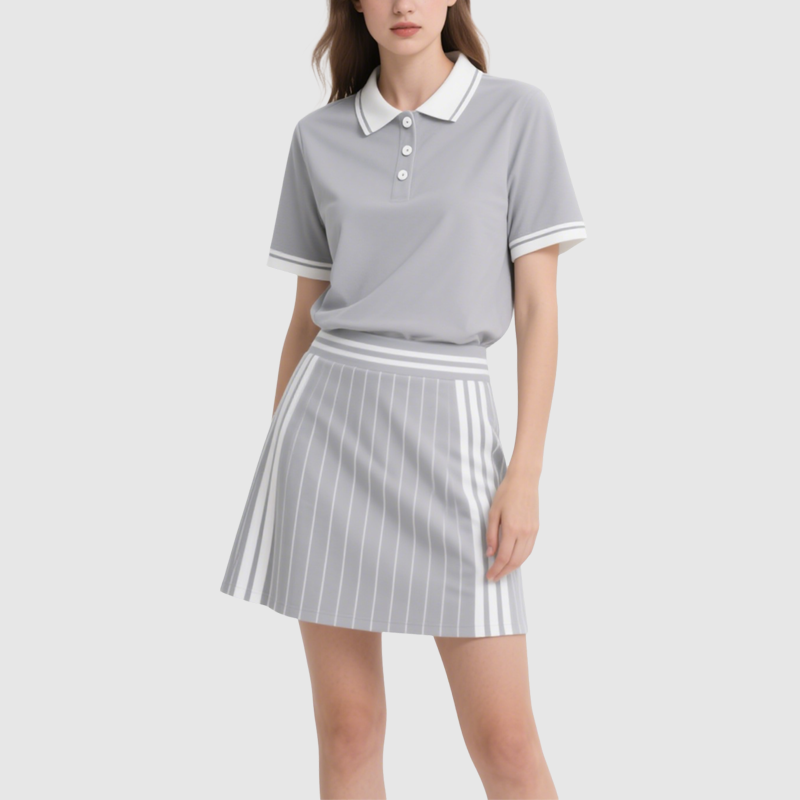 Polo Top & Mini Skirt Set Chic Sporty Striped