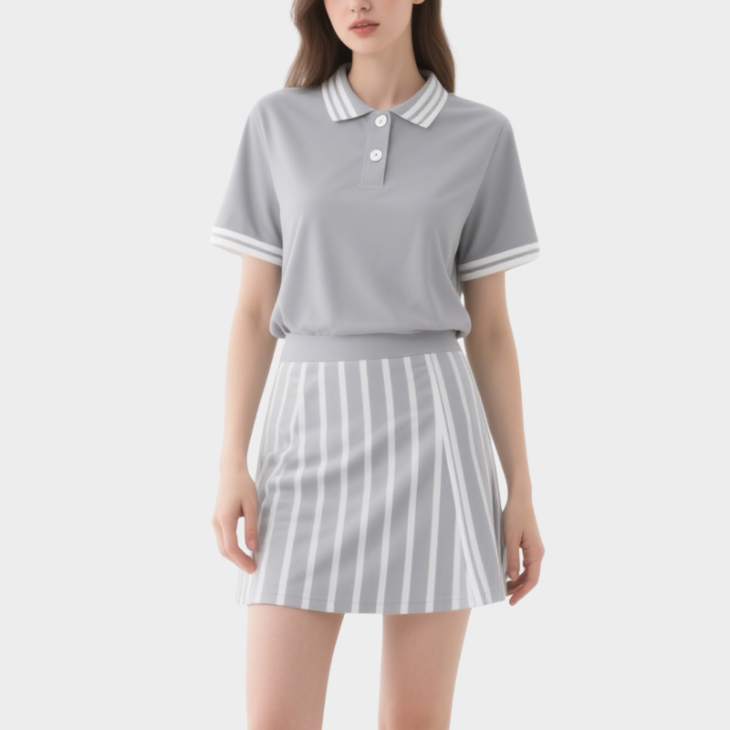 Chic Sporty Grey & White Striped Polo Top with Mini Skirt Set