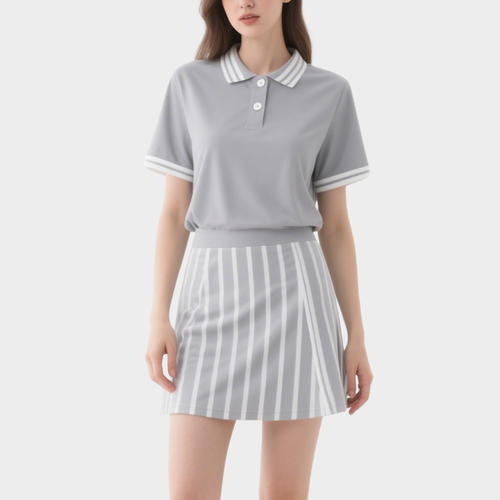 Chic Sporty Grey & White Striped Polo Top with Mini Skirt Set