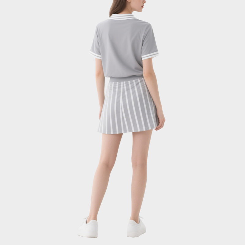 Chic Sporty Grey & White Striped Polo Top with Mini Skirt Set
