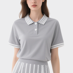 Chic Sporty Grey & White Striped Polo Top with Mini Skirt Set